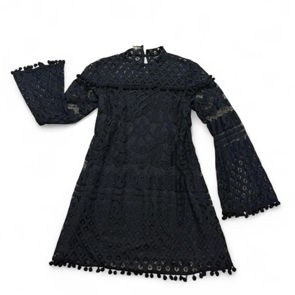 Black Lace Whimsygoth Mini Shift dress Bell Sleeve Crochet Pom Pom Coquette XL